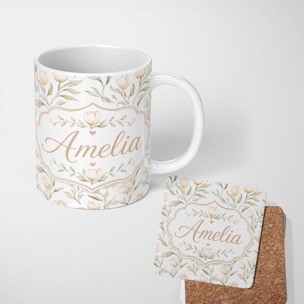 Personalized Custom Name Soft Neutral Tulip Floral Pattern with Gentle Watercolor Leaves 11oz Ceramic Coffee Tea Mug White Large Handle