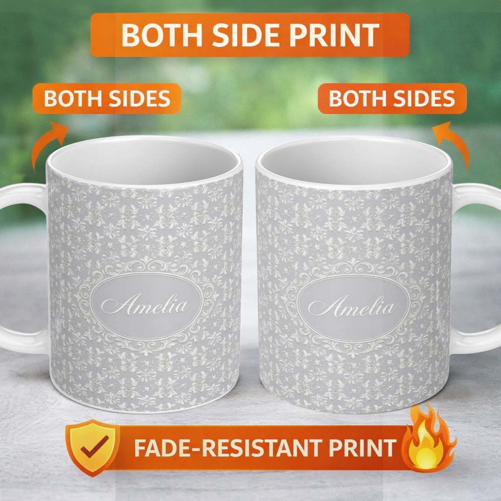 Personalized Custom Name Delicate Light Grey Floral Motif Vintage Seamless Pattern Lovely 11oz Ceramic Coffee Tea Mug White Large Handle