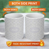 Personalized Custom Name Delicate Light Grey Floral Motif Vintage Seamless Pattern Lovely 11oz Ceramic Coffee Tea Mug White Large Handle