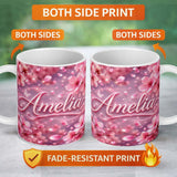 Personalized Custom Name Dreamy Pink Cherry Blossom Branches with Soft Focus Gentle Spring 11oz Ceramic Coffee Tea Mug White Large Handle
