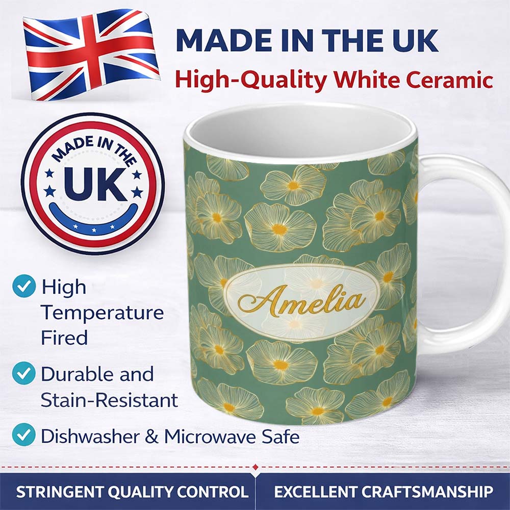 Personalized Custom Name Luxury Teal Background Gold Line Floral Blossoms Elegant Seamless 11oz Ceramic Coffee Tea Mug White Large Handle
