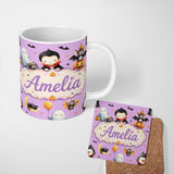 Personalized Custom Name Cute Halloween Dracula Ghost Bats on Purple Background Seamless 11oz Ceramic Coffee Tea Mug White Large Handle