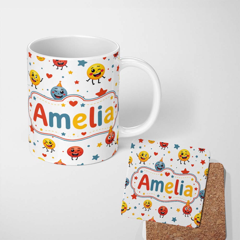 Personalized Custom Name Cute Smiling Emoji Faces Party Hats Stars Seamless Pattern Lovely 11oz Ceramic Coffee Tea Mug White Large Handle