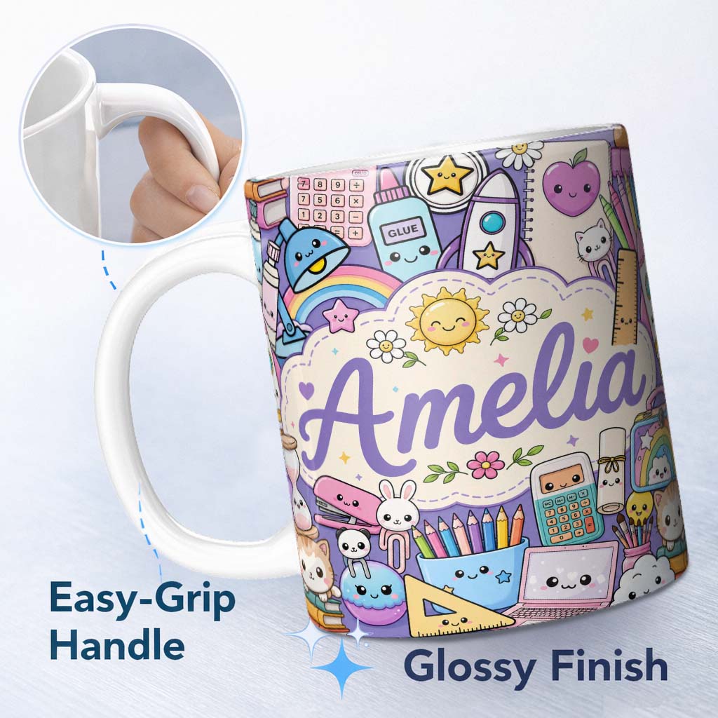 Personalized Custom Name Cute Kawaii School Supplies Rainbow Sun Globe Notebook Purple Lovely 11oz Ceramic Coffee Tea Mug White Large Handle