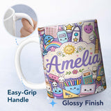 Personalized Custom Name Cute Kawaii School Supplies Rainbow Sun Globe Notebook Purple Lovely 11oz Ceramic Coffee Tea Mug White Large Handle