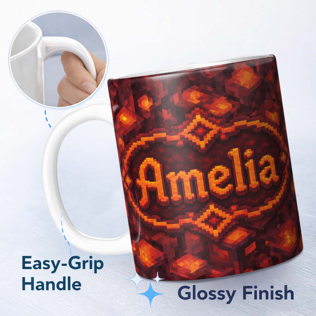 Personalized Custom Name Red Lava Cube Block Abstract Geometric Seamless Pattern Lovely 11oz Ceramic Coffee Tea Mug White Large Handle