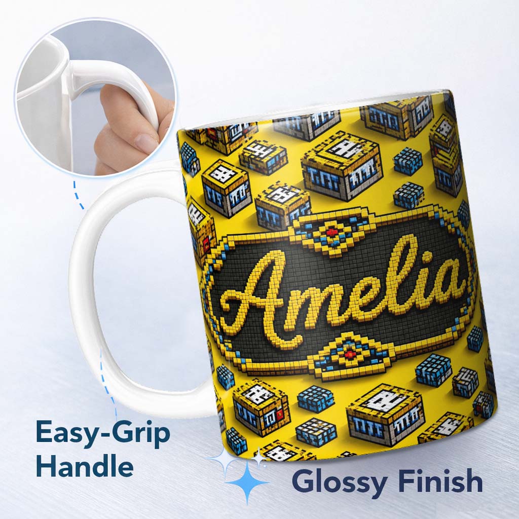 Personalized Custom Name Yellow Gaming Pixel TNT Block Cube Seamless Pattern Cute Unique Gift 11oz Ceramic Coffee Tea Mug White Large Handle