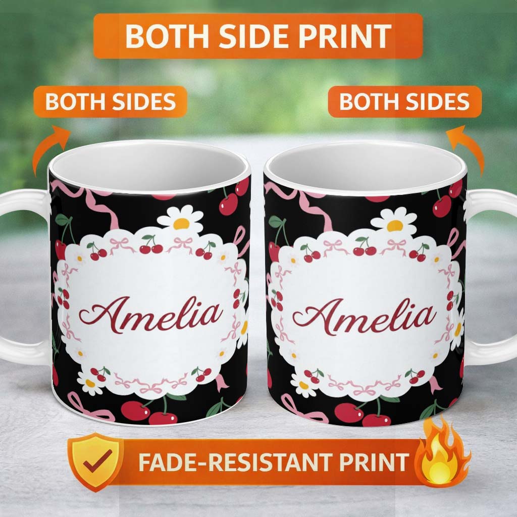 Personalized Custom Name Cute Cherry and Daisy Flowers with Pink Ribbon Bows Pattern Black 11oz Ceramic Coffee Tea Mug White Large Handle