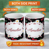Personalized Custom Name Cute Cherry and Daisy Flowers with Pink Ribbon Bows Pattern Black 11oz Ceramic Coffee Tea Mug White Large Handle
