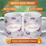 Personalized Custom Name Pink Purple Butterfly Floral Grey Background Seamless Pattern Lovely 11oz Ceramic Coffee Tea Mug White Large Handle