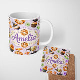 Personalized Custom Name Cute Halloween Donut Sweet Spooky Treats Soft Lilac Background 11oz Ceramic Coffee Tea Mug White Large Handle
