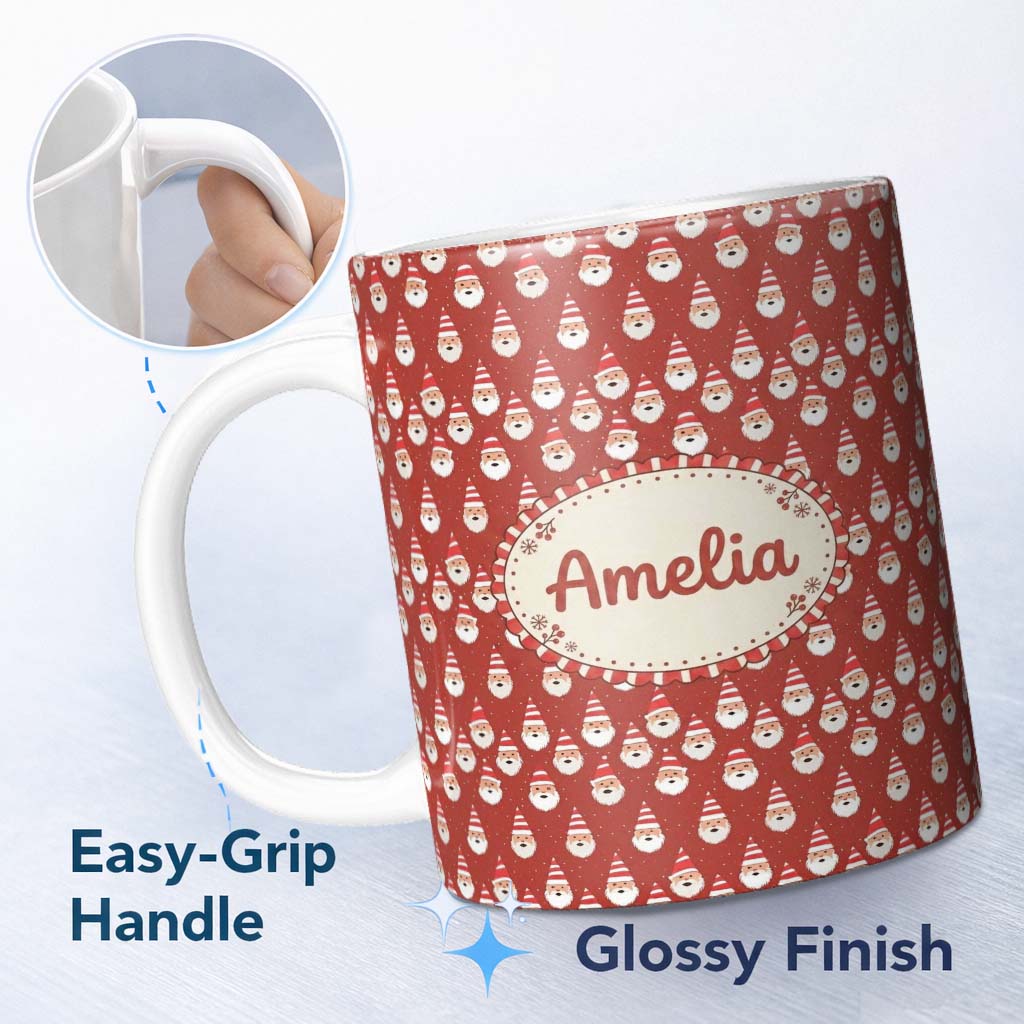 Personalized Custom Name Cute Minimal Santa Faces Red Background Snow Dot Christmas Seamless 11oz Ceramic Coffee Tea Mug White Large Handle