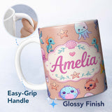 Personalized Custom Name Cute Kawaii Mermaid Seahorse Jellyfish and Starfish Peach Background 11oz Ceramic Coffee Tea Mug White Large Handle