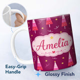 Personalized Custom Name Pink Christmas Trees Stars Lights Festive Seamless Pattern Lovely 11oz Ceramic Coffee Tea Mug White Large Handle