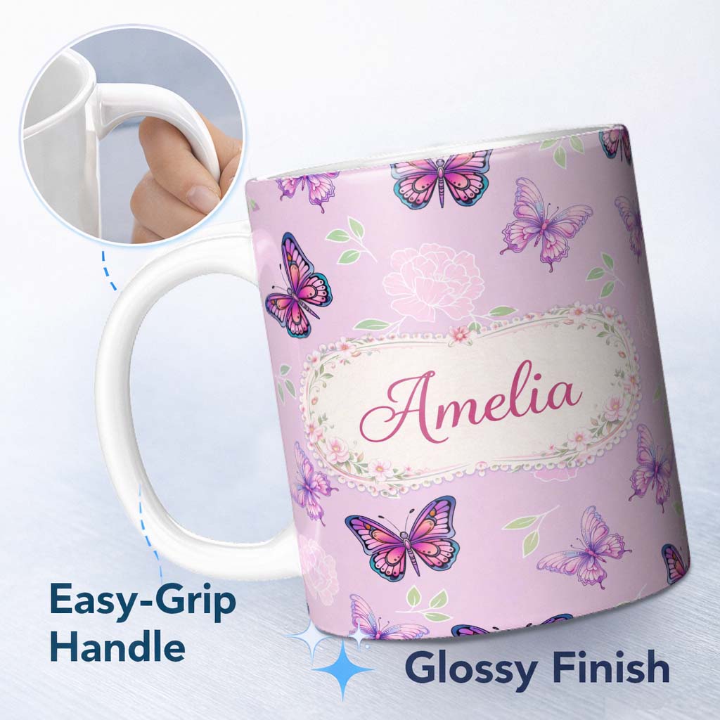 Personalized Custom Name Pink Purple Butterfly Floral Lavender Background Seamless Pattern 11oz Ceramic Coffee Tea Mug White Large Handle