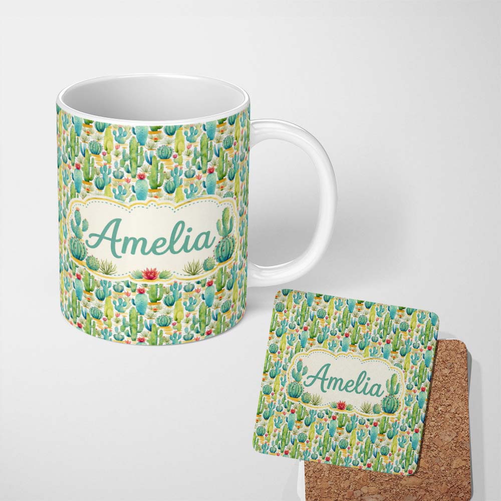 Personalized Custom Name Colorful Desert Cactus Garden Watercolor Botanical Seamless Pattern 11oz Ceramic Coffee Tea Mug White Large Handle