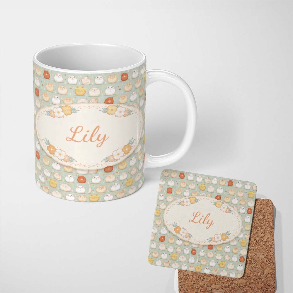 Personalized Custom Name Mixed Cute Hamster Pastel Character Seamless Pattern Lovely 11oz Ceramic Coffee Tea Mug White Large Handle