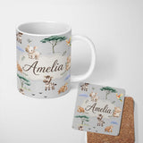 Personalized Custom Name Cute Safari Animals Zebra Rhino Turtle on grey Seamless Pattern 11oz Ceramic Coffee Tea Mug White Large Handle