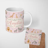 Personalized Custom Name Cute Safari Animals Giraffe Lion Zebra Parrot Seamless Pattern Mauve 11oz Ceramic Coffee Tea Mug White Large Handle