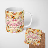 Personalized Custom Name Cute Easter Bunny Carrot Donut Hearts Seamless Pattern Soft Yellow 11oz Ceramic Coffee Tea Mug White Large Handle