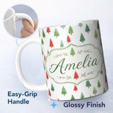 Personalized Custom Name Watercolor Red and Green Christmas Trees Pattern Festive Winter 11oz Ceramic Coffee Tea Mug White Large Handle