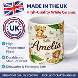 Personalized Custom Name Cute Jungle Animals Lion Tiger Leopard Tropical Leaves Cream Lovely 11oz Ceramic Coffee Tea Mug White Large Handle