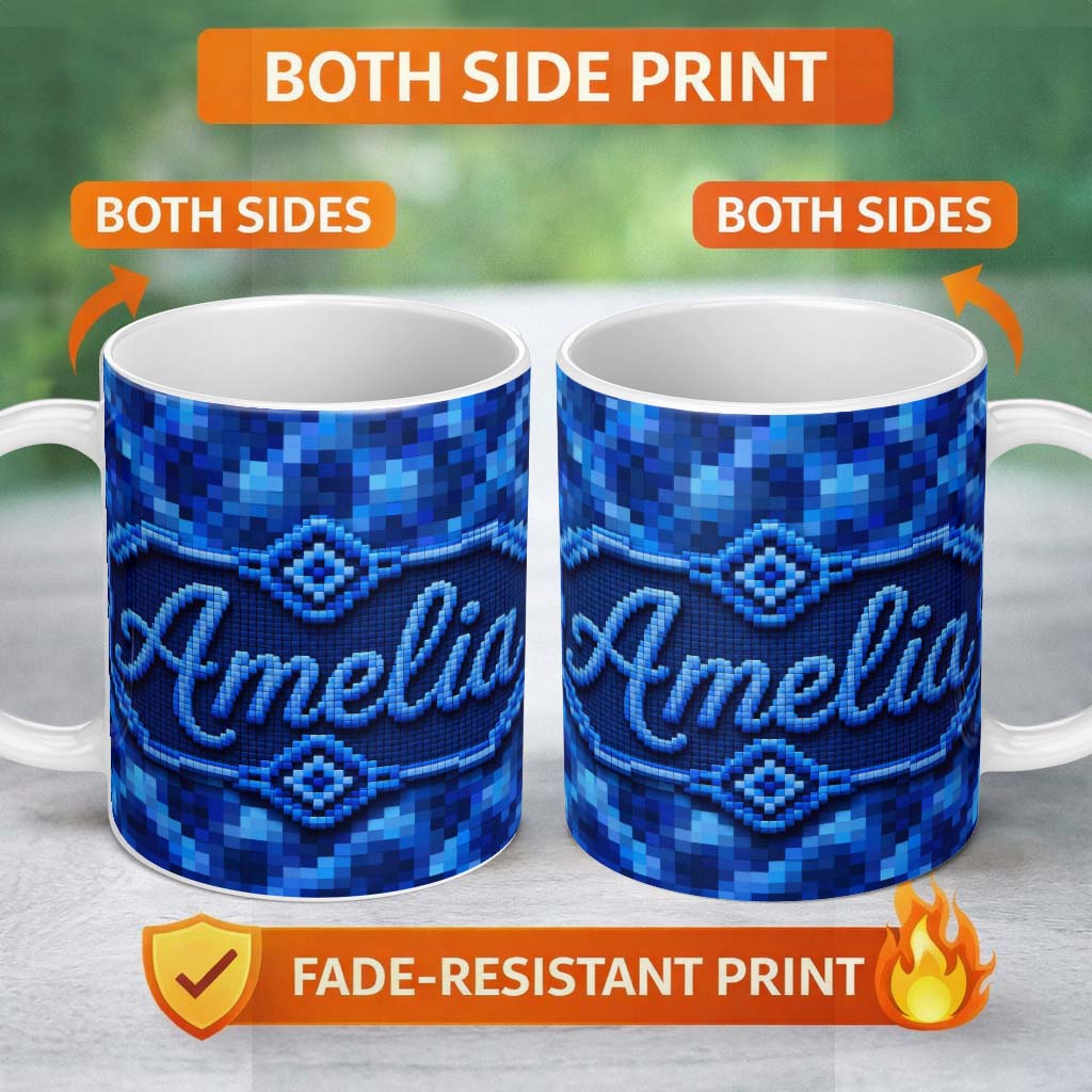 Personalized Custom Name Blue Pixel Mosaic Gradient Abstract Seamless Pattern Lovely 11oz Ceramic Coffee Tea Mug White Large Handle