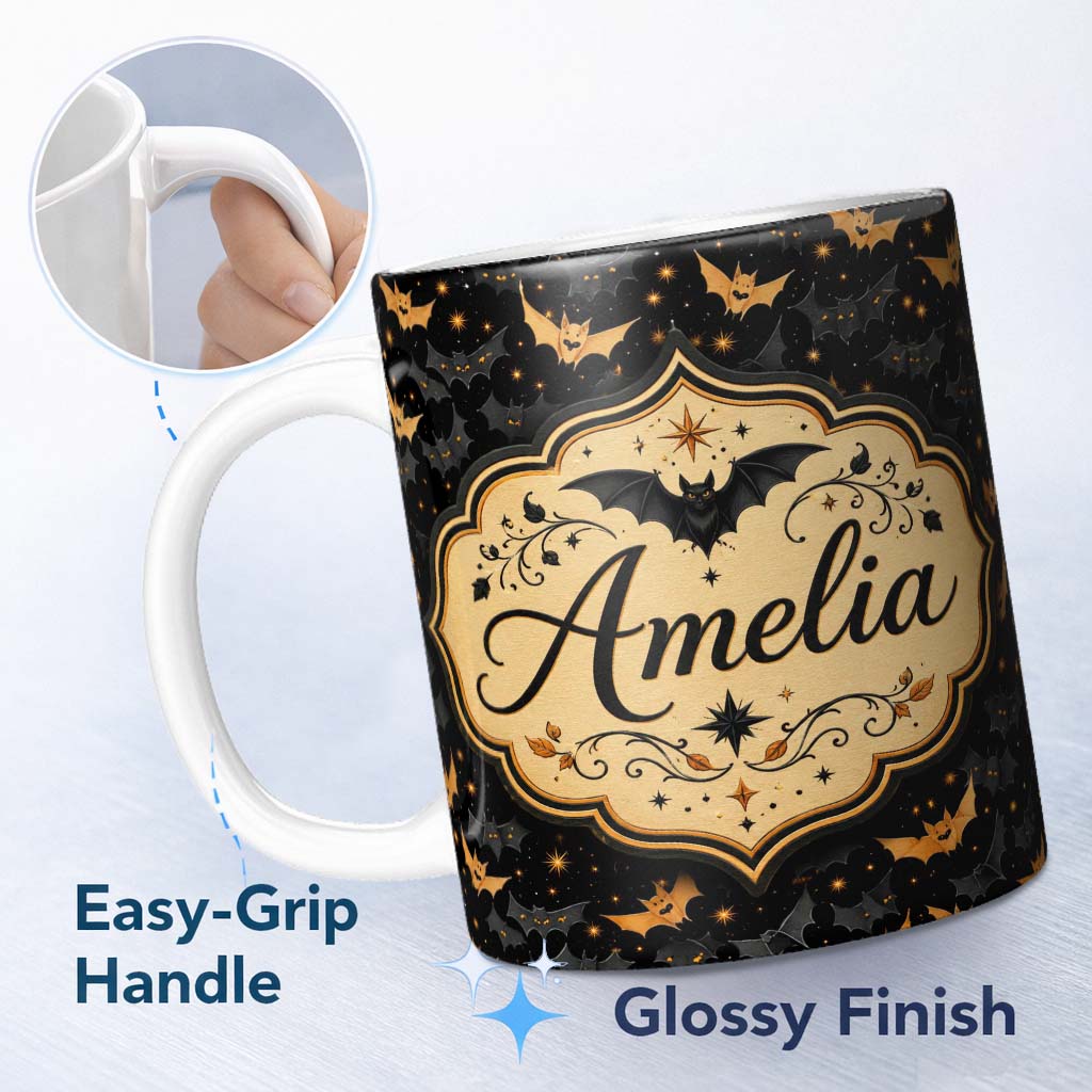 Personalized Custom Name Cute Cartoon Bats and Stars on Black Background Fun Halloween Lovely 11oz Ceramic Coffee Tea Mug White Large Handle
