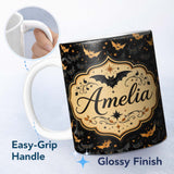 Personalized Custom Name Cute Cartoon Bats and Stars on Black Background Fun Halloween Lovely 11oz Ceramic Coffee Tea Mug White Large Handle
