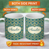 Personalized Custom Name Floral Daisy Motif Cream Orange Seamless Pattern Cute Unique Gift 11oz Ceramic Coffee Tea Mug White Large Handle