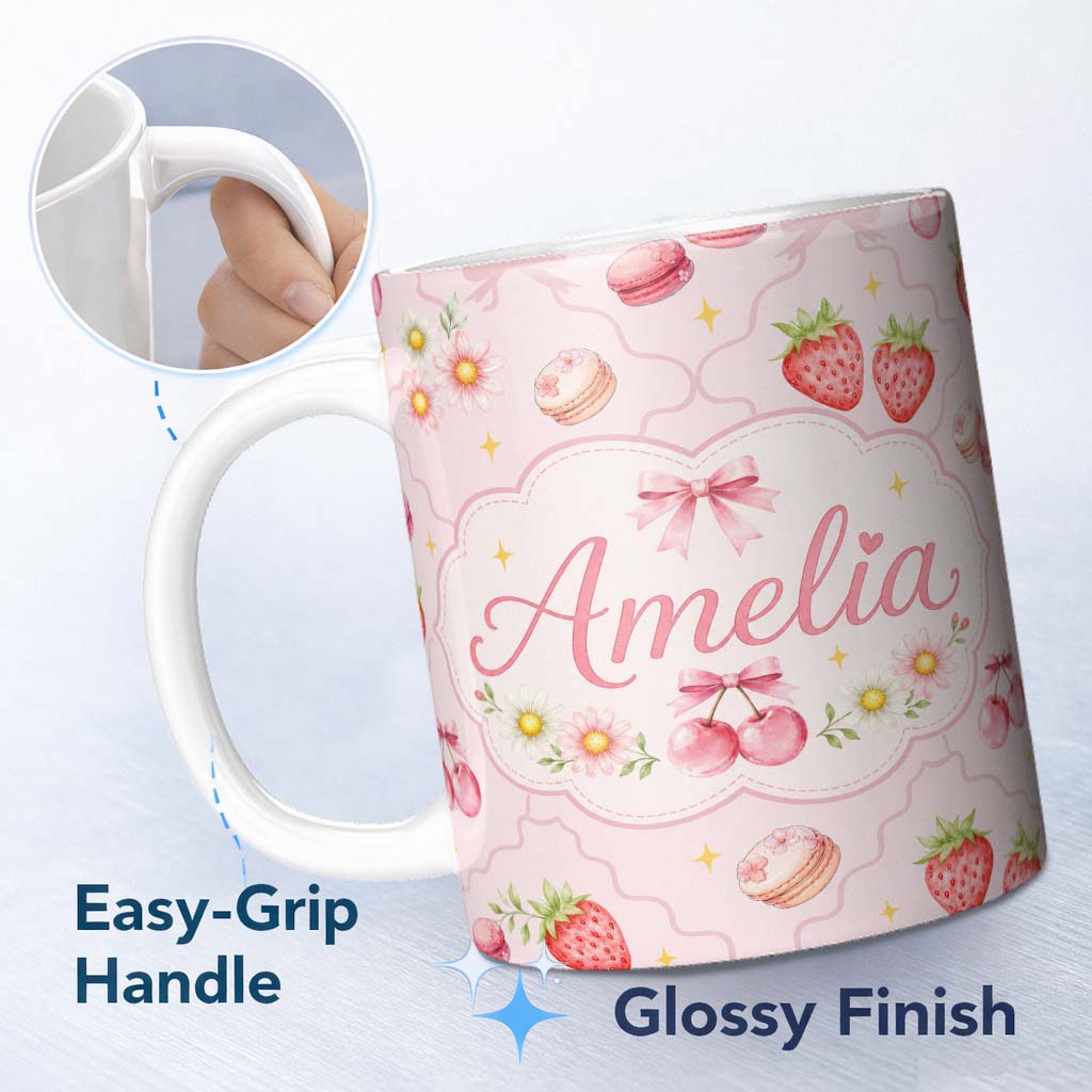 Personalized Custom Name Cute Strawberry Cherry Daisy Floral Bow Sweet Dessert Warm Cream 11oz Ceramic Coffee Tea Mug White Large Handle