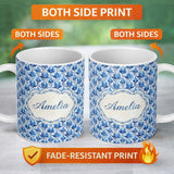 Personalized Custom Name Blue Art Deco Botanical Leaf Repeat Seamless Pattern Lovely 11oz Ceramic Coffee Tea Mug White Large Handle