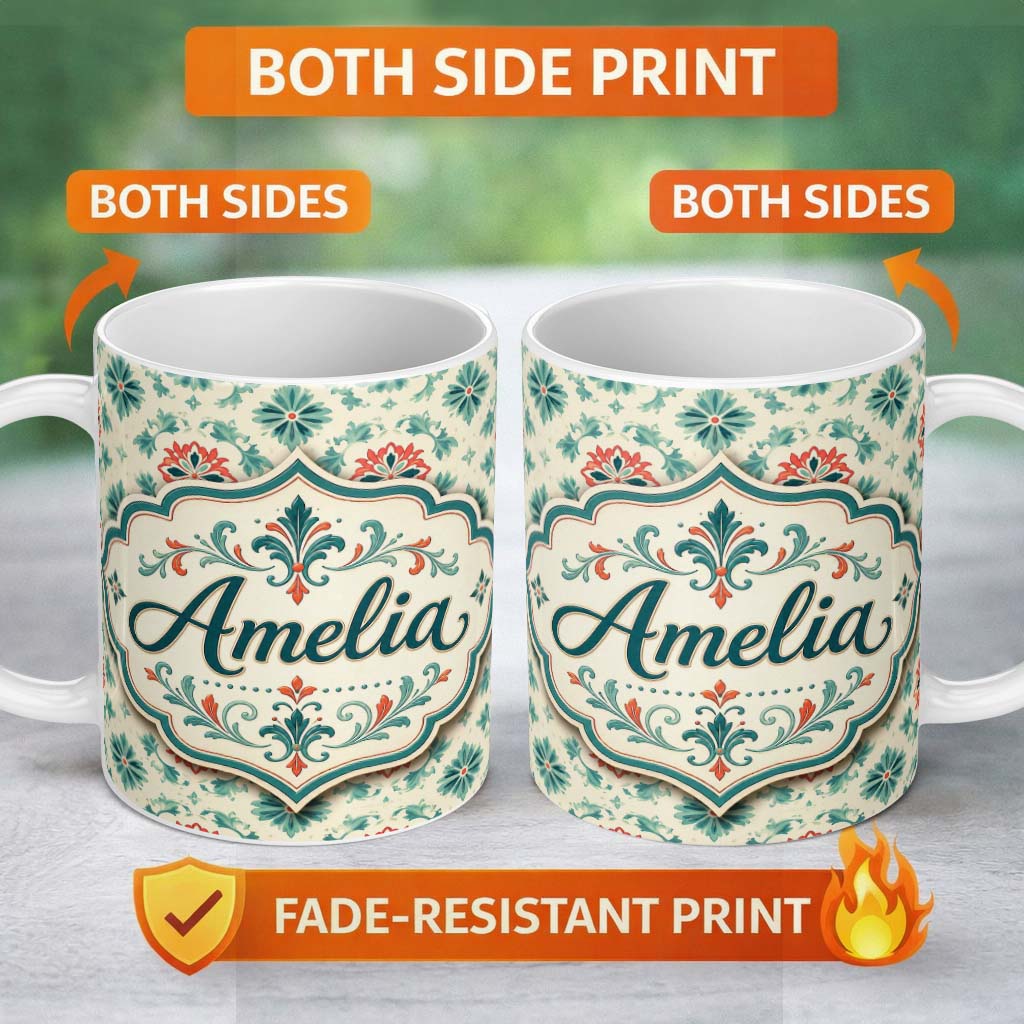 Personalized Custom Name Vintage Inspired Floral Medallion Teal and Red Seamless Pattern 11oz Ceramic Coffee Tea Mug White Large Handle