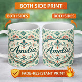 Personalized Custom Name Vintage Inspired Floral Medallion Teal and Red Seamless Pattern 11oz Ceramic Coffee Tea Mug White Large Handle