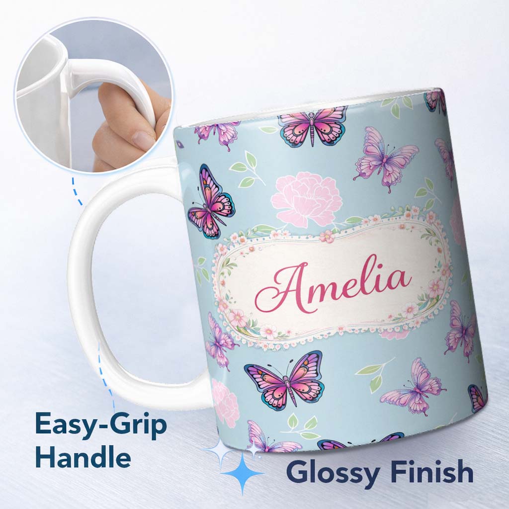 Personalized Custom Name Pink Purple Butterfly Floral Blue Background Seamless Pattern Lovely 11oz Ceramic Coffee Tea Mug White Large Handle