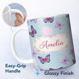 Personalized Custom Name Pink Purple Butterfly Floral Blue Background Seamless Pattern Lovely 11oz Ceramic Coffee Tea Mug White Large Handle