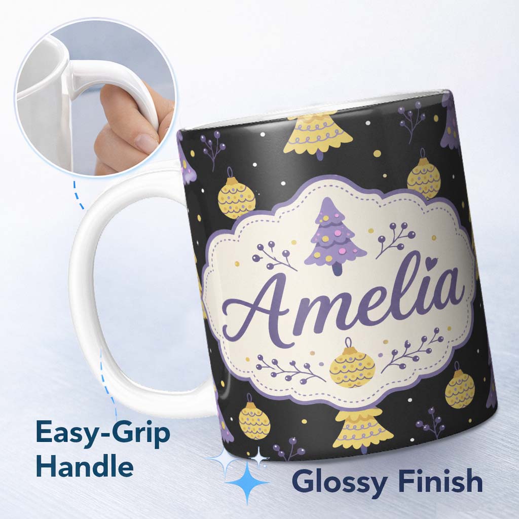 Personalized Custom Name Cute Purple Christmas Tree with Baubles and Ornaments Dark Lovely 11oz Ceramic Coffee Tea Mug White Large Handle