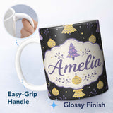 Personalized Custom Name Cute Purple Christmas Tree with Baubles and Ornaments Dark Lovely 11oz Ceramic Coffee Tea Mug White Large Handle