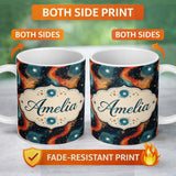 Personalized Custom Name Abstract Flowing Orange Blue Cosmic Space Seamless Pattern Artistic 11oz Ceramic Coffee Tea Mug White Large Handle