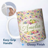 Personalized Custom Name Colorful Watercolor Exotic Fruit Mix with Citrus and Berries Lovely 11oz Ceramic Coffee Tea Mug White Large Handle