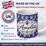 Personalized Custom Name Watercolor Gothic Lattice Indigo Blue Seamless Pattern Lovely 11oz Ceramic Coffee Tea Mug White Large Handle