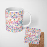 Personalized Custom Name Pastel Geometric Art Deco Watercolor Seamless Pattern Design Lovely 11oz Ceramic Coffee Tea Mug White Large Handle