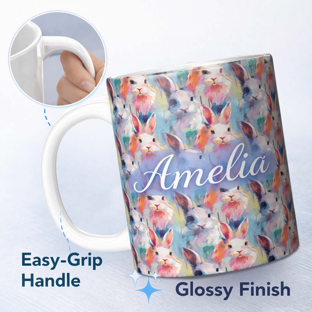 Personalized Custom Name Watercolor Easter Bunny Botanical Seamless Pattern Cute Unique Gift 11oz Ceramic Coffee Tea Mug White Large Handle