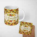 Personalized Custom Name Rich Vintage Mixed Fruit Basket Seamless Pattern Cute Unique Gift 11oz Ceramic Coffee Tea Mug White Large Handle