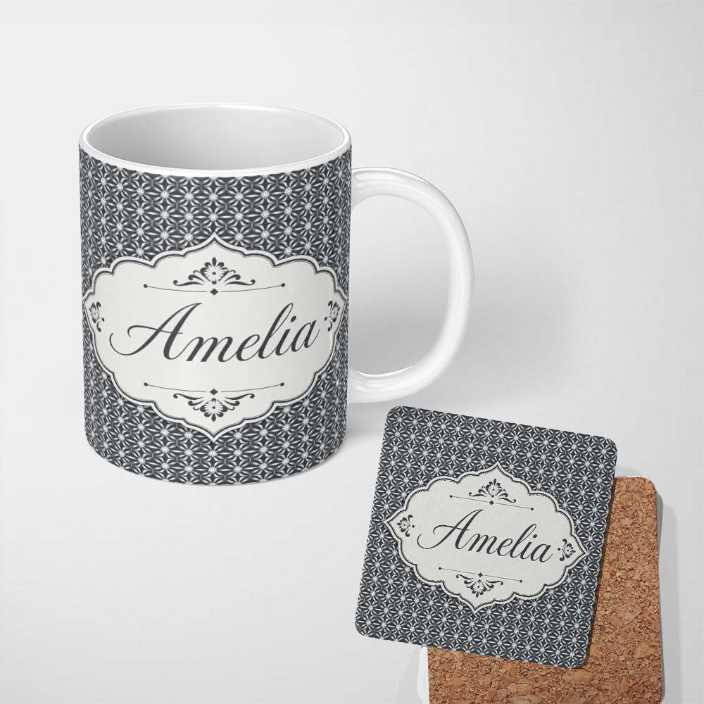 Personalized Custom Name Modern Grey Geometric Flower Lattice Pattern Symmetrical Seamless 11oz Ceramic Coffee Tea Mug White Large Handle