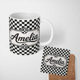 Personalized Custom Name Classic Black White Checkerboard Seamless Pattern Cute Unique Gift 11oz Ceramic Coffee Tea Mug White Large Handle