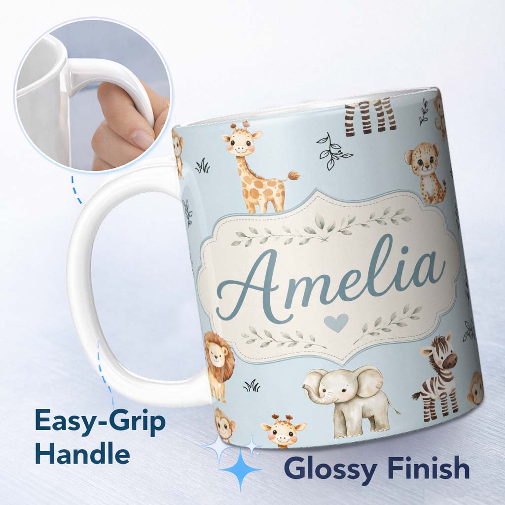 Personalized Custom Name Cute Baby Safari Animals Elephant Giraffe Lion Zebra Pattern Blue 11oz Ceramic Coffee Tea Mug White Large Handle