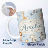 Personalized Custom Name Cute Baby Safari Animals Elephant Giraffe Lion Zebra Pattern Blue 11oz Ceramic Coffee Tea Mug White Large Handle