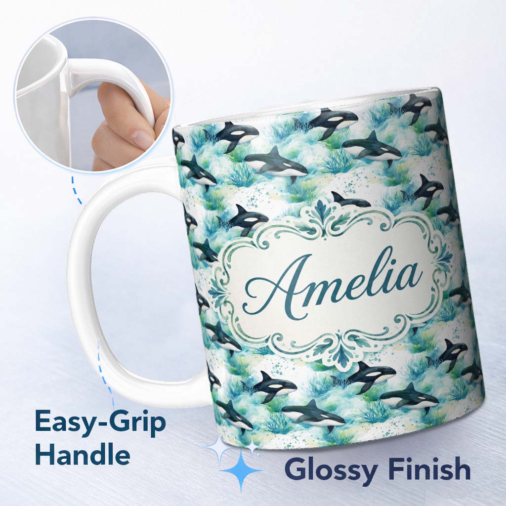 Personalized Custom Name Orca Whale Forest Coastal Seamless Pattern Nature Ocean Fusion 11oz Ceramic Coffee Tea Mug White Large Handle