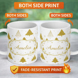 Personalized Custom Name Gold Glitter Christmas Tree Pattern White Background Seamless Lovely 11oz Ceramic Coffee Tea Mug White Large Handle